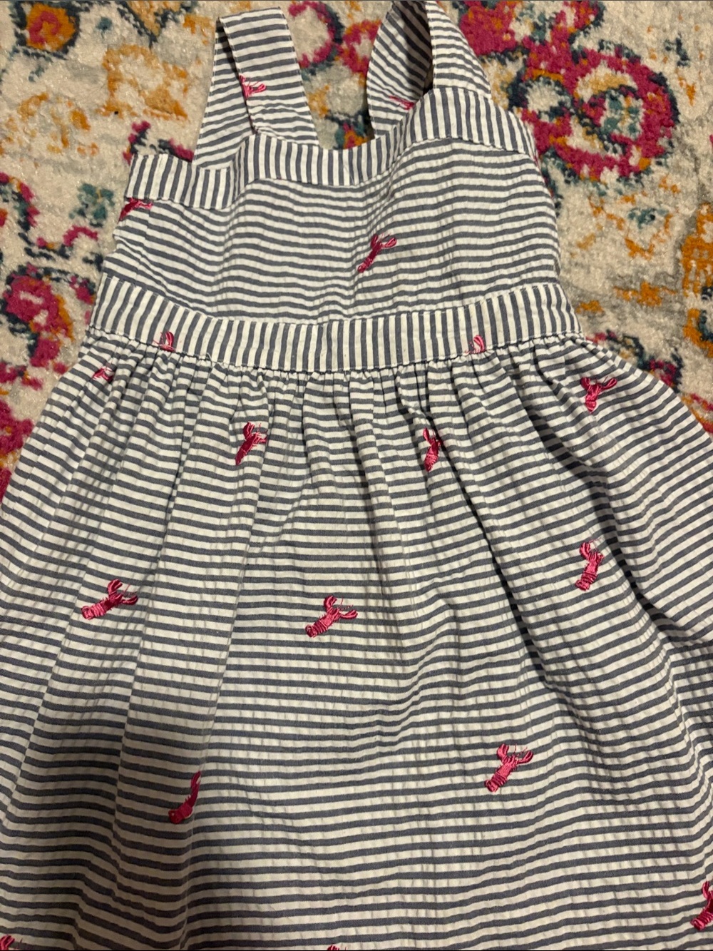 Striped Seersucker Sundress with Pink Lobster Embroidery
